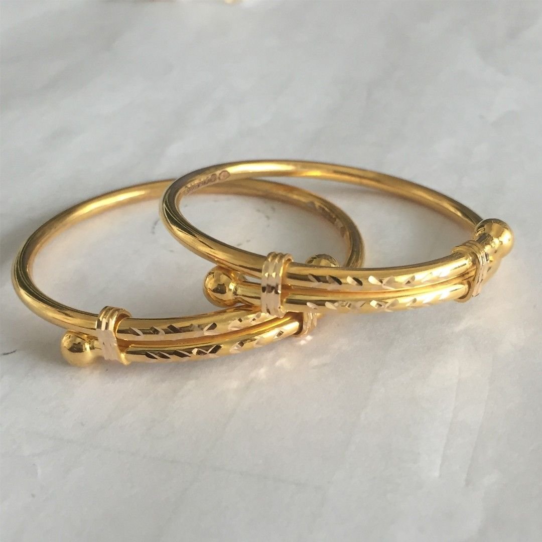 Gold Adjustable Baby Bangles (Set of 2) with Diamond-Cut Detailing