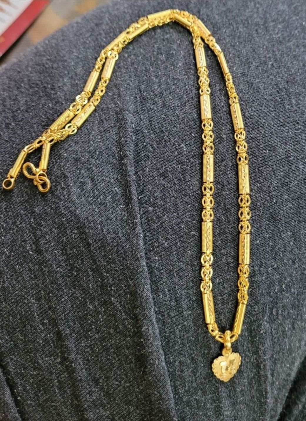 Gold Tube-Link Chain Necklace with Heart Pendant