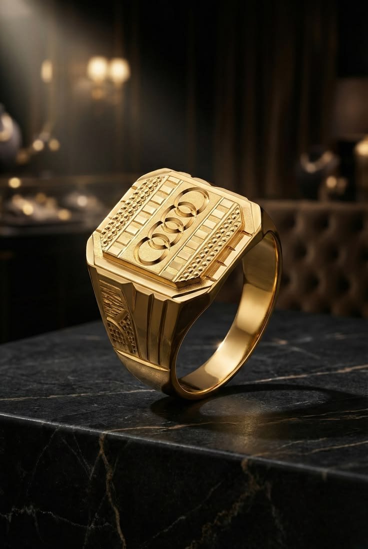 Men's Gold Interlocking Rings Signet Ring