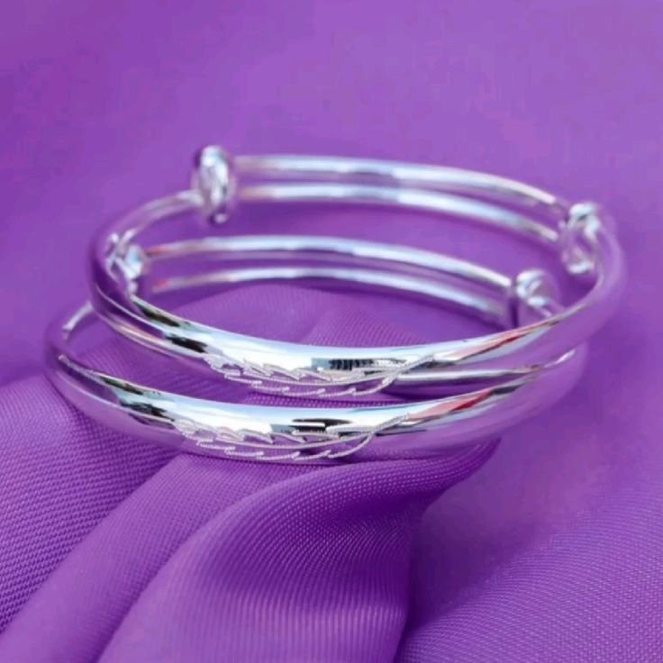 Silver Adjustable Baby Bangles with Feather/Leaf Engraving (Set of 2)