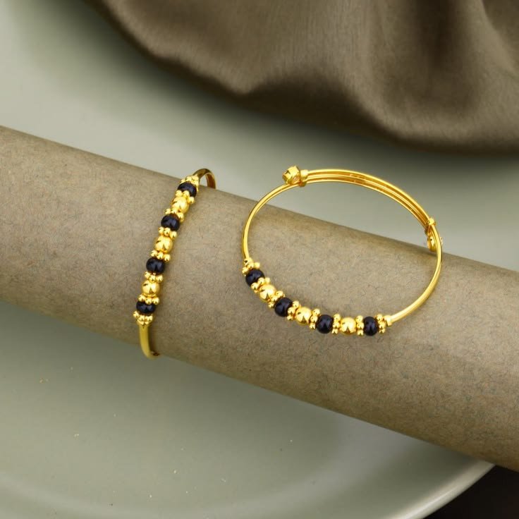 Gold Adjustable Baby Bangles (Set of 2) with Black Bead Nazariya Detailing