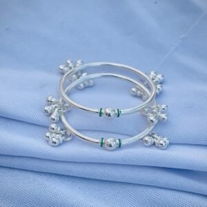 Silver Ghungroo Bell Bangles with Green Enamel Accent (Set of 2)