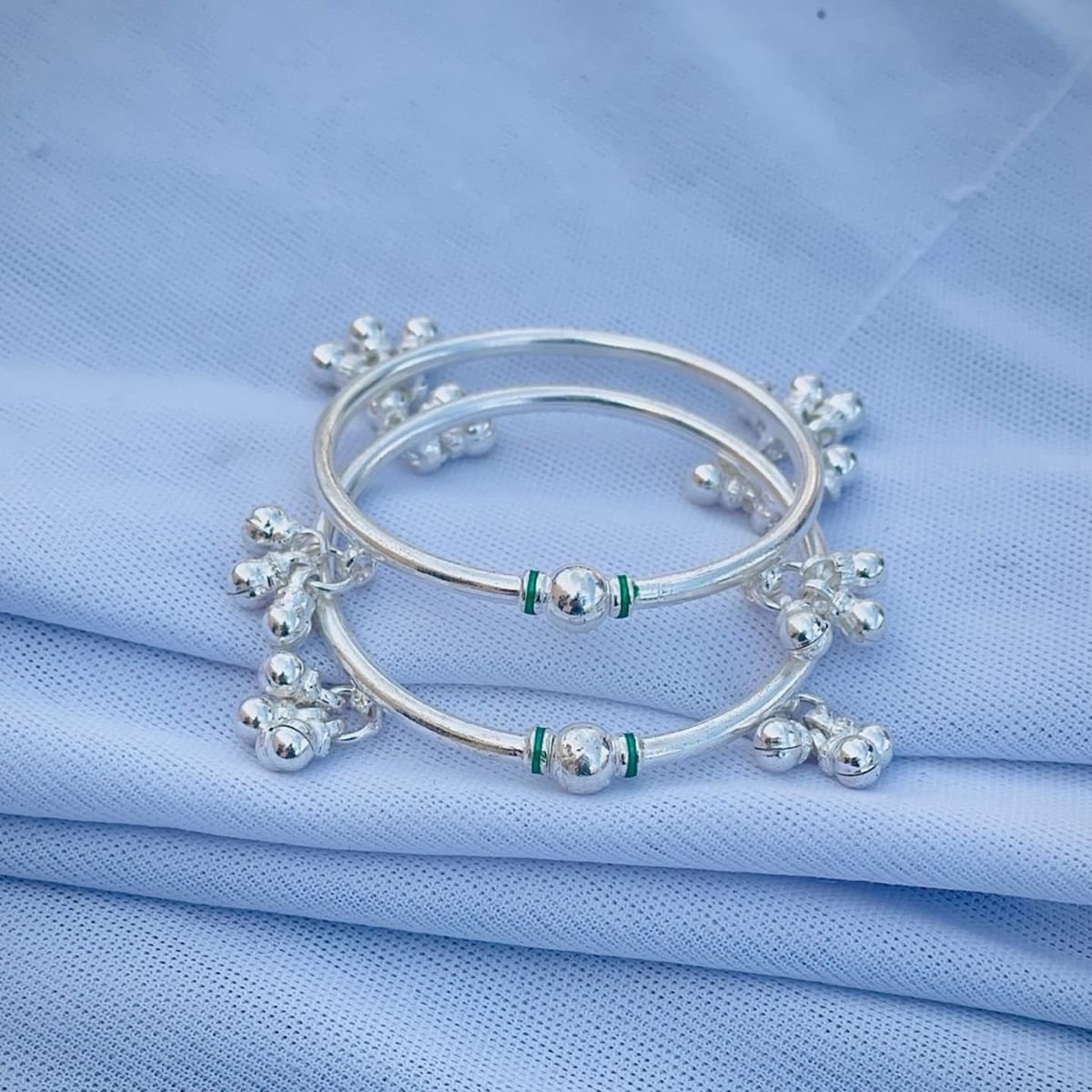 Silver Ghungroo Bell Bangles with Green Enamel Accent (Set of 2)